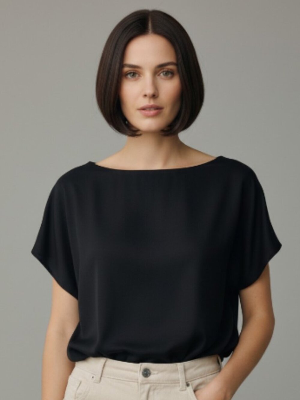 VINTAGE GIANNA -- Black Blouse, Pull Over with Scoop Neck and Cap Sleeves